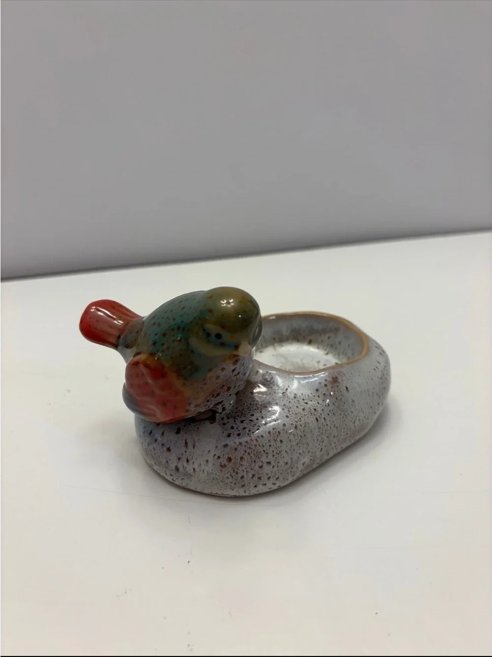 Vintage Ceramic shiny glazed multi color Bird Tea Light Candle Holder